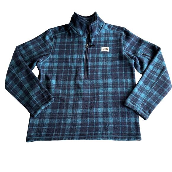The North Face Gordon Lyons Quarter Zip Mallard Blue Plaid Fleece Jacket M - Picture 1 of 8
